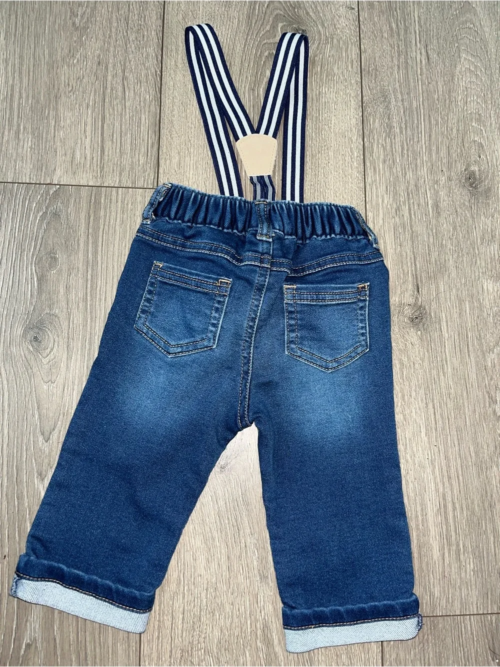 Cat & Jack Navy and White Striped Suspender Denim Pants